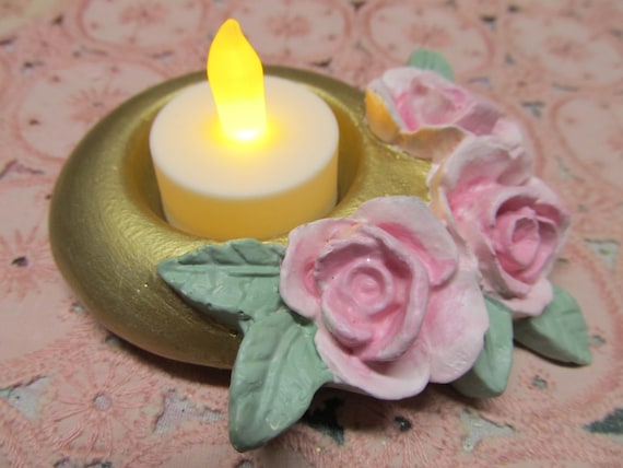 Gold TEALIGHT CANDLEHOLDER with Pink Roses, Hand Molded and Hand Painted. LED Candle, Shabby Chic, Cottage, Romantic Floral Home Decor