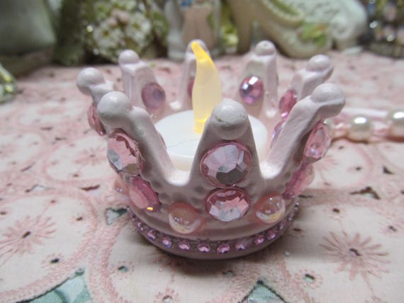 Pink CROWN Tealite CANDLEHOLDER w. LED Battery Candle, Rhinestones on Side, Shabby Chic, French Crown, Cottage, Crown Collector