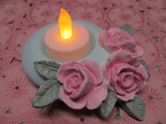 Aqua TEALIGHT CANDLEHOLDER with Pink Roses, Hand Molded and Hand Painted. LED Candle, Shabby Chic, Cottage, Romantic Floral Home Decor