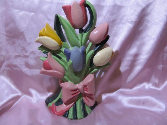Vintage Doorstop, Hand Painted, Spring Tulips, Heavy Cast Iron, Shabby Chic, Cottage, Victorian, Country Farmhouse