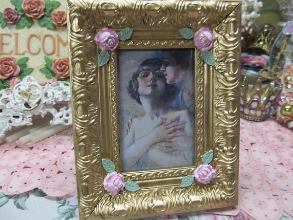 Gold Ornate Photo Frame, Tabletop or Wall, Resin, 4"x6", Pink Roses, Cottage, Shabby Chic, Romantic Home Decor, French, Wedding Photo Frame
