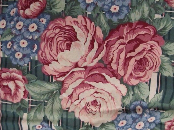 Craft Fabric, Pink Roses and Blue Florals on Green Background, 2 yards, 44" Wide, Sewing, Crafts, Shabby Chic, Cottage, Victorian