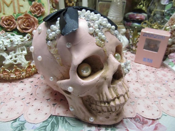 Pink SKULL, Embellished, Heavy Resin, Large Pearl Eyes, Half Pearls, Halloween Decor, Shabby Chic Decor, Cottage, Romantic Halloween