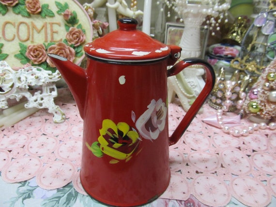 Red Vintage COFFEE or Tea POT, Hand Painted, Enamelware, Made in Poland, Shabby Chic, Cottage Decor, Kitchen Decor, Container, Vase