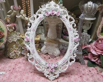 White Oval Ornate WALL FRAME Wall Decor, Pink Roses. Hand Molded, Hand Painted, Shabby Chic, Cottage, Victorian, Pink Rose Decor