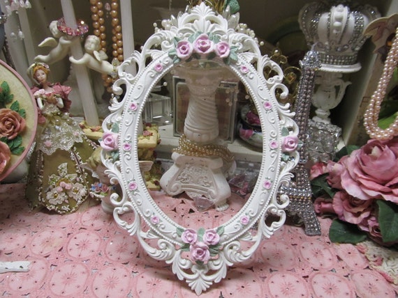 White Oval Ornate WALL FRAME Wall Decor, Pink Roses. Hand Molded, Hand Painted, Shabby Chic, Cottage, Victorian, Pink Rose Decor