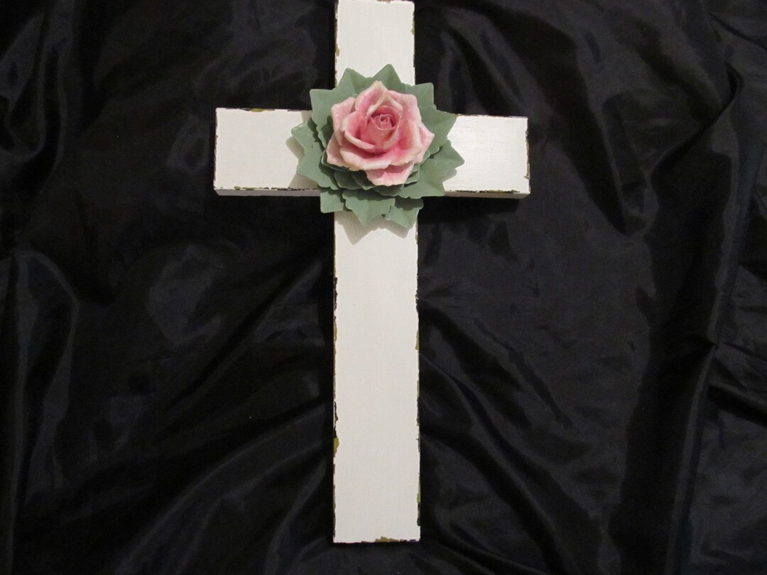 White WALL CROSS Wall Decor Metal Distressed Pink Rose Etsy