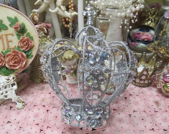 Silver Glittered and Rhinestoned CHRISTMAS CROWN, Tree Topper, Decoration, Centerpiece, Christmas Decor, Shabby Chic, Victorian, Crown Decor