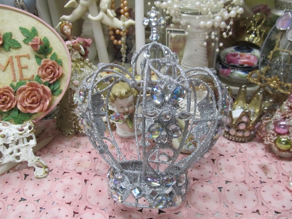 Silver Glittered and Rhinestoned CHRISTMAS CROWN, Tree Topper, Decoration, Centerpiece, Christmas Decor, Shabby Chic, Victorian, Crown Decor