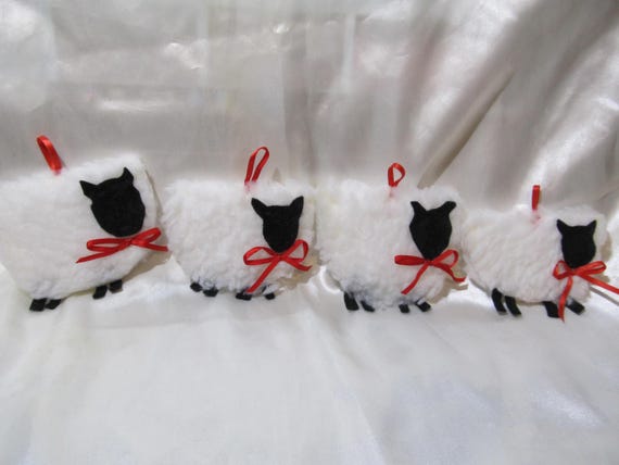 4 White Sheep Christmas Tree Ornaments, Handmade, Farm Christmas, Shabby Chic, Cottage, Victorian, Country Christmas