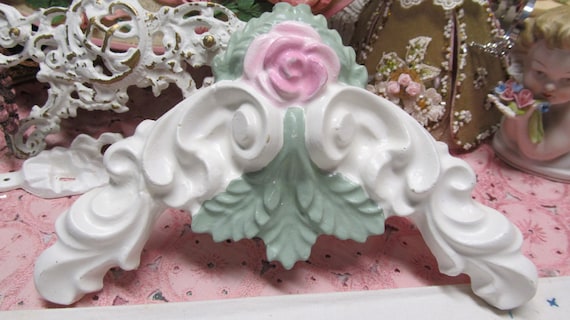 White Ornate Pediment with Pink Rose~WALL DECOR~Plaster, Handmade, Hand Painted, Shabby Chic, Cottage, Pink Rose Decor, Romantic Home Decor