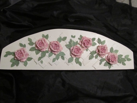White Lattice WALL PEDIMENT, TOPPER,  Arched Design, Pink Molded Roses, Wood, Wall Decor, Shabby Chic, Cottage , Pink Rose Decor, Victorian