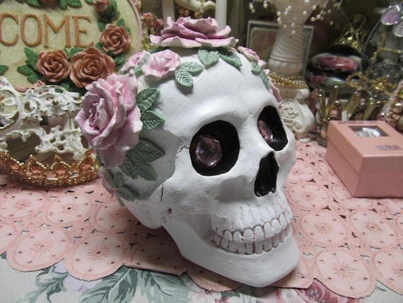 White SKULL with Pink Roses, Heavy Resin, Rhinestone Eyes, Halloween Decor, Shabby Chic Decor, Cottage, Romantic Halloween