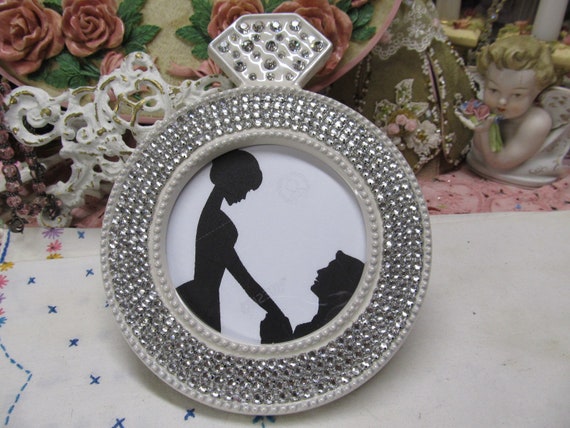 White Ceramic Ring Photo FRAME, Added Rhinestones, 4.5"x5" Photo, Round Photo, Bling Frame, Chic Frame, Wedding Frame, Proposal frame