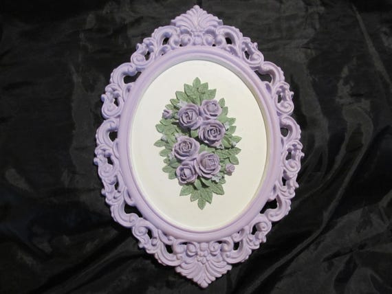 Lavender Oval WALL DECOR, Added Lavender Molded Roses, Ornate Frame, Shabby Chic Decor, Cottage Decor, Victorian, Lavender Decor