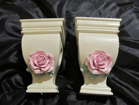 White DRAPE ROD HOLDERS, Pink Rose, Shabby Chic, Cottage, Victorian, Long Window Scarf Holder