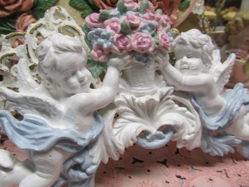White CHERUB PEDIMENT With Pink Rose Basket, Hand Molded and Painted ...