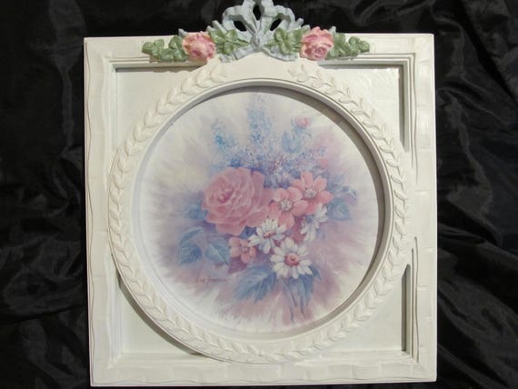 Rose Bouquet Wall Decor, White Frame, Pink Roses Bouquet, Shabby Chic, Cottage, Victorian