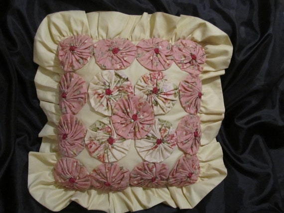 Beige DECOR PILLOW, Ruffled Edge, Large Floral Yo-Yo's, 12"x12" with 2.5" Ruffle, Shabby Chic, Cottage, Home Decor, Rose Florals, Victorian