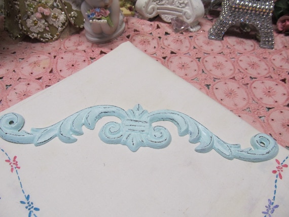 Small Aqua Blue Ornate WALL PEDIMENT, Cast iron, Distressed, Door Topper, Frame Topper, Shabby Chic, Cottage, Victorian, French Decor