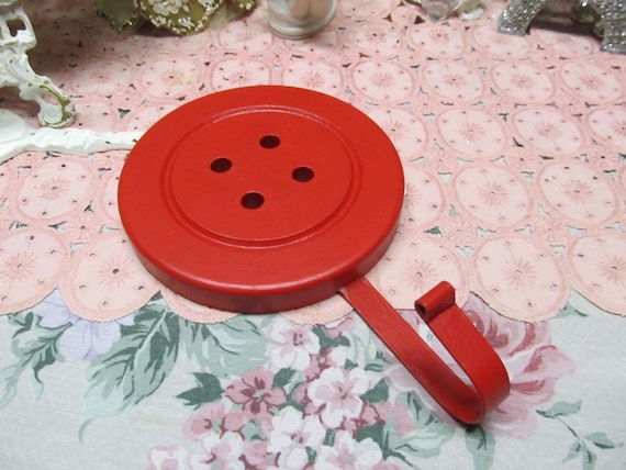 Red BUTTON Wall Decor Wall HOOK, Wood, Metal Hook, Sewing Room Decor, Craft Room, Shabby Chic, Cottage, Button Wall Hook