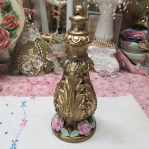 Gold Finial with Pink Roses, Home Decor, Resin, Hand Molded & Painted, Shabby Chic, Victorian, Pink Rose Decor, Old World Decor, Cottage