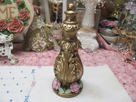 Gold Finial with Pink Roses, Home Decor, Resin, Hand Molded & Painted, Shabby Chic, Victorian, Pink Rose Decor, Old World Decor, Cottage