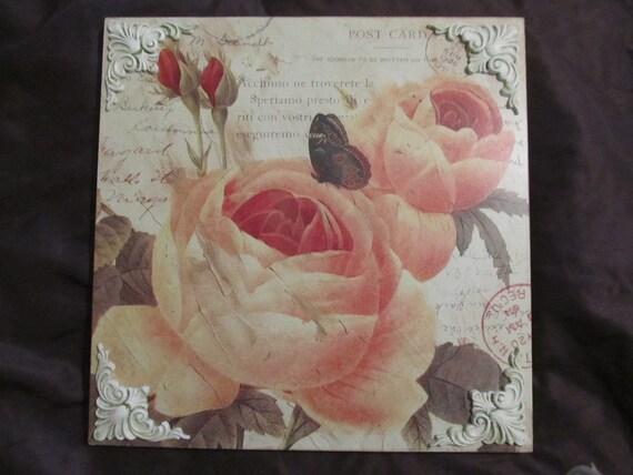 WALL PLAQUE of Pink Cabbage Roses, Ornate Corners, Made of Wood, Shabby Chic Decor, Cottage, Victorian, Pink Rose Decor