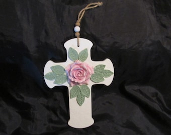 White WALL CROSS Wall Decor, Added Pink Molded Rose, Jute and Beaded Hanger, Shabby Chic, Cottage, Religious Home Decor, Victorian