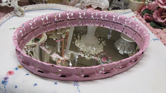 Vintage Oval Vanity Tray Jewel Pink Metal Mirrored Dresser Etsy