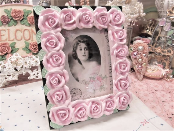 Pink Rose PHOTO FRAME, Hand Molded & Painted, Tabletop Frame, 5" x 7" Photo, Shabby Chic, Cottage, Pink Rose Decor, Pink Cabbage Roses
