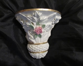 White WALL SHELF with PInk Molded Rose, Resin, Gold Edge, Shabby Chic Decor, Cottage Decor, Pink Rose Decor, Romantic Home Decor