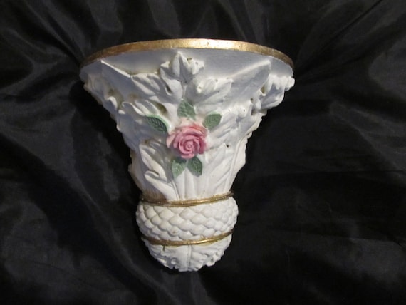 White WALL SHELF with PInk Molded Rose, Resin, Gold Edge, Shabby Chic Decor, Cottage Decor, Pink Rose Decor, Romantic Home Decor