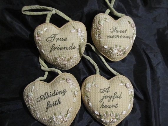 Set of 4 Vintage Doorknob Hangers, 5"x6" Hearts, Ribbon Embroidery, Shabby Chic, Cottage, Victorian Decor, Romantic Home Decor