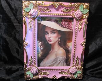 PHOTO FRAME, Rose Pink, Gold Ornate Details, Pink Roses, Hand Molded, 5"X7"Photo, Shabby Chic Decor, Cottage Chic, Romantic Home Decor