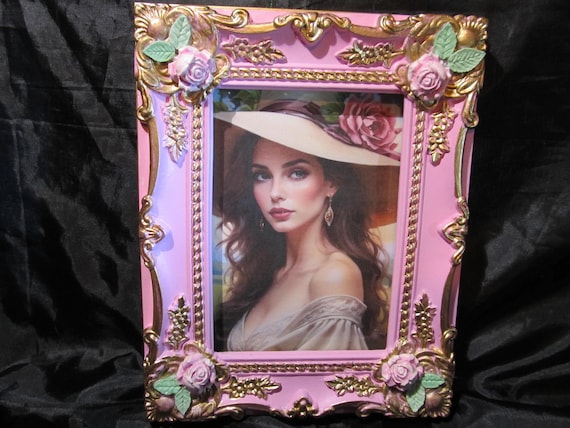 PHOTO FRAME, Rose Pink, Gold Ornate Details, Pink Roses, Hand Molded, 5"X7"Photo, Shabby Chic Decor, Cottage Chic, Romantic Home Decor