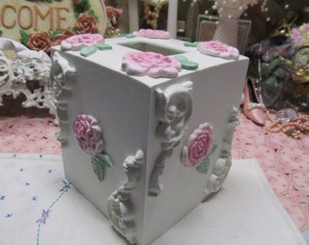 White Tissue Box Cover with Molded Pink Roses, Wood, Ornate Designs, Shabby Chic, Cottage Chic Decor, Vanity, Romantic Home, Victorian Decor