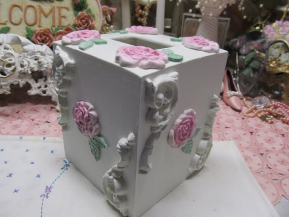 White Tissue Box Cover with Molded Pink Roses, Wood, Ornate Designs, Shabby Chic, Cottage Chic Decor, Vanity, Romantic Home, Victorian Decor