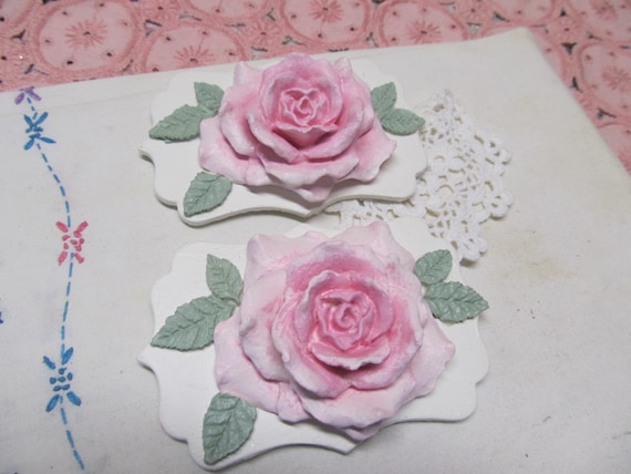 Set of 2 Pink ROSE MAGNETS, Hand Made, Hand Painted, Shabby Chic, Cottage, Refrigerator Magnets, Pink Cabbage Rose, Pink Rose Home Decor