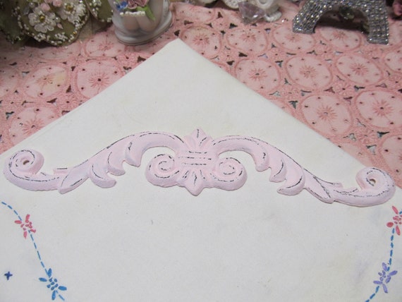 Small Pink Ornate WALL PEDIMENT, Cast iron, Distressed,  Pink Chalk Paint, Door Topper, Frame Topper, Shabby Chic, Cottage, Victorian