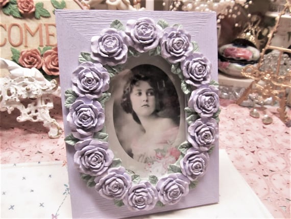 Lavender PHOTO FRAME with Lavender Rose Oval, Tabletop, 4"x6" Hand Molded & Hand Painted Roses, Shabby Chic, Cottage, Lavender Cabbage Roses