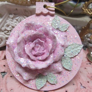 Pink Rose Christmas TREE ORNAMENT, Hand Molded, Hand Painted, Wood, Iridescent Glitter, Shabby Chic, Christmas Decor