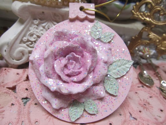 Pink Rose Christmas TREE ORNAMENT, Hand Molded, Hand Painted, Wood, Iridescent Glitter, Shabby Chic, Christmas Decor
