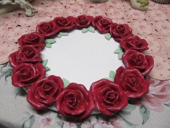 Red Rose CANDLE PLATE/ Vanity Tray, Hand Molded and Hand Painted, Shabby Chic, Victorian, Cottage, Home Decor