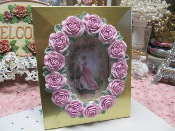 Gold PHOTO FRAME with Pink Cabbage Rose Oval, 4"x6", Shabby Chic Decor. Pink Rose Decor. Cottage, Victorian, French, Romantic Home Decor