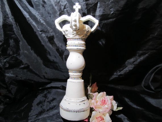 White CROWN Top FINIAL, Resin, Embellished with Rhinestones, Distressed, Shabby Chic, French Crown Decor