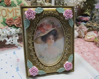 Gold PHOTO FRAME with Gold Ornate Detailing, Pink Roses, Oval, 4"x6", Shabby Chic Decor. Victorian, Cottage, Pink Rose Decor
