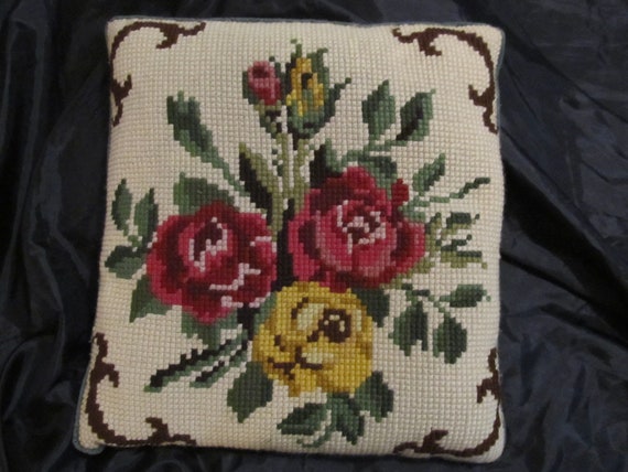 Vintage Needlepoint DECOR PILLOW, Victorian Roses Designs 18"x18", Corduroy Back, Shabby Chic, Cottage, Victorian Decor, Red Rose Decor