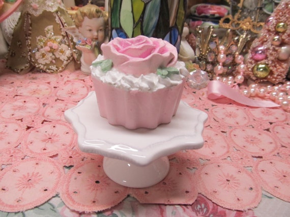 Pink Rose FAUX CUPCAKE on Ceramic Stand, Hand Molded, Hand Painted, Shabby Chic, Cottage, Pink Rose Decor, Faux Food, Kitchen Decor