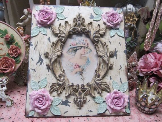 Large Photo FRAME, Added Pink Roses, Distressed Patina, 5" x 7" Photo, Shabby Chic, Cottage, Pink Rose Decor, Cabbage Roses, Ornate Oval
